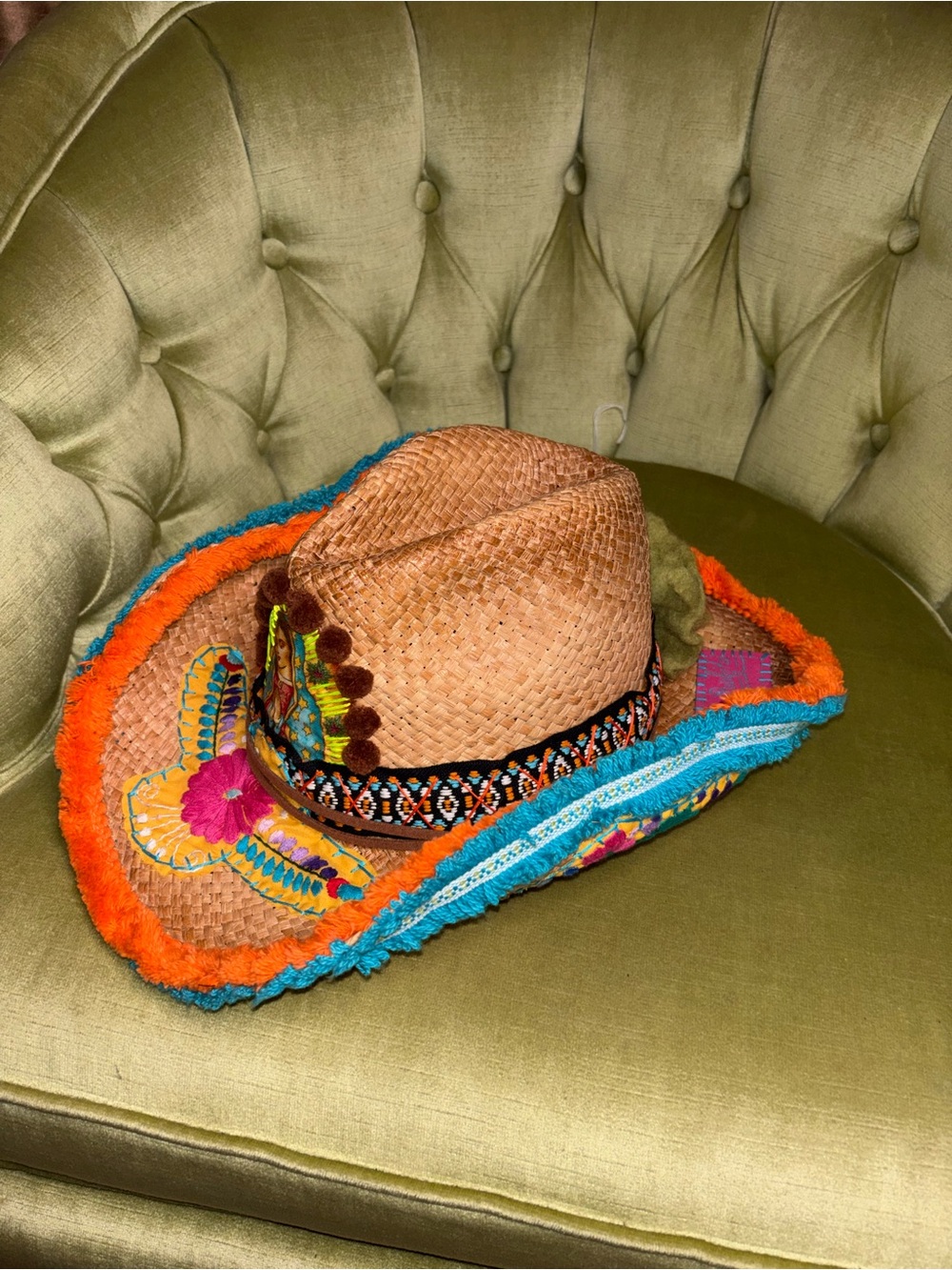 Bohemian Gypsy Queen Embroidered Raffia Straw Hat Fringe Brim medium - Picture 5 of 12